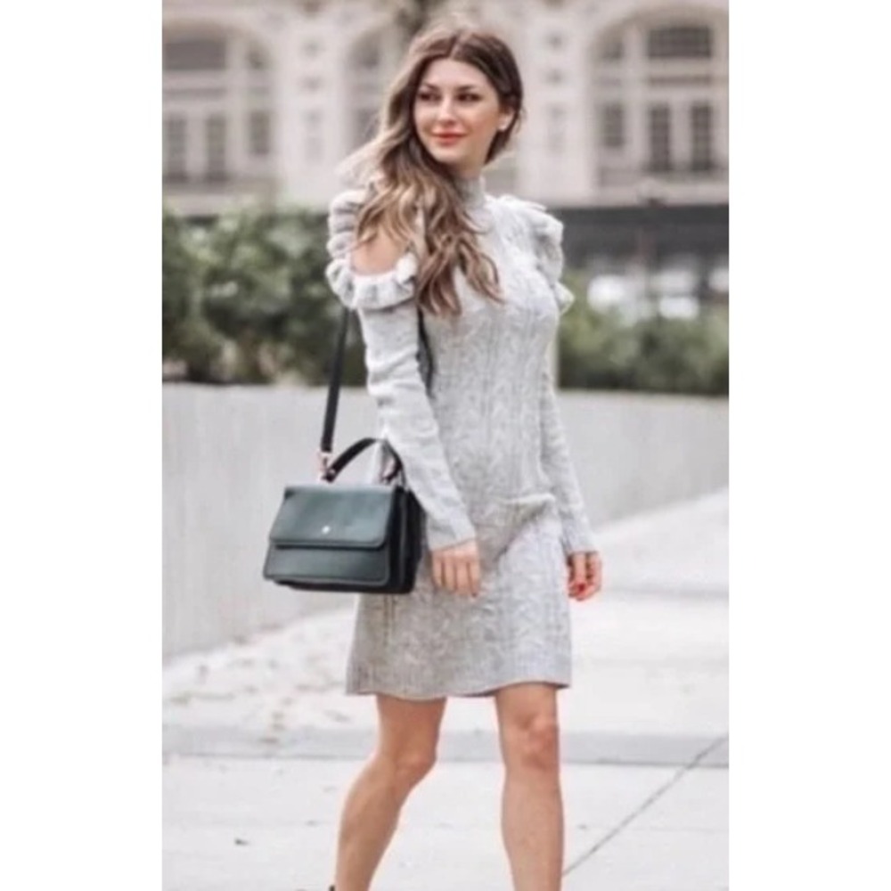 WAYF Cable Knit Sweater Dress Mock Neck Ruffle‎ Gray Cold Shoulder Small NWT